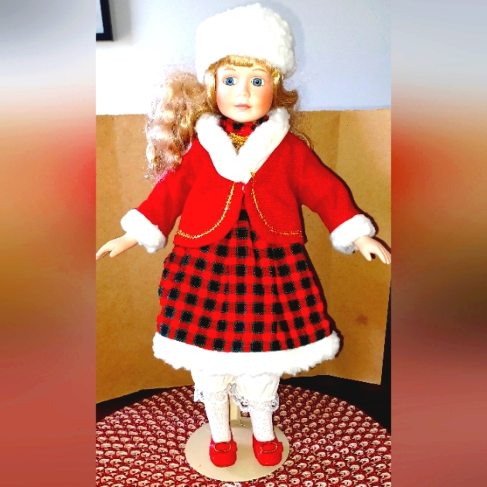 Classic Porceline Doll with Plaid Dress